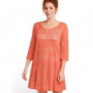 12PM by MON AMI Women's Midi Lace Dress Large Coral Flowy Geometric